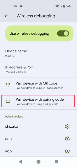 Tapping on "Pair device with pairing code" option in Android Settings.