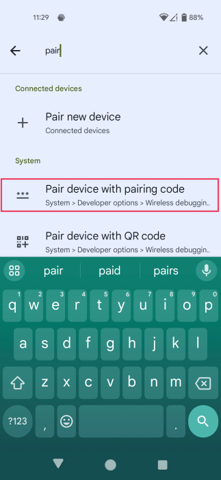 Selecting "Pair device with pairing code" option in Android Settings