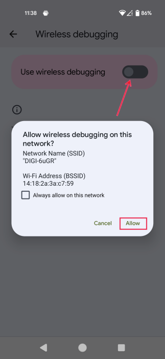 Turning on "Use wireless debugging" option in Android Settings.