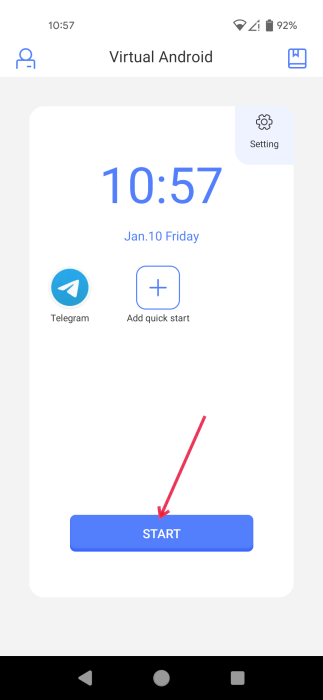 Tapping Start button in Virtual Android app.