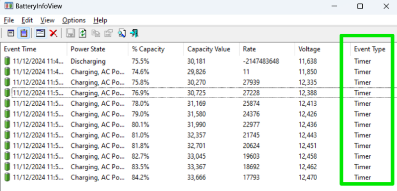 BatteryInfoView battery log showing all events