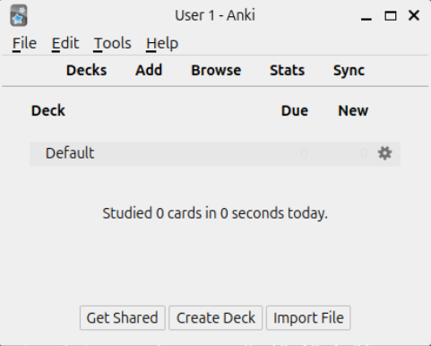 A screenshot showing the default screen for Anki.