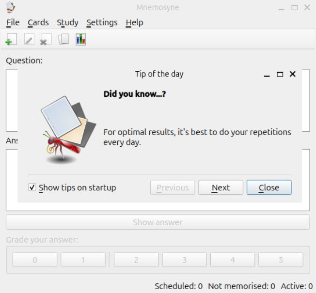 A screenshot showing the Mnemosyne default landing screen.