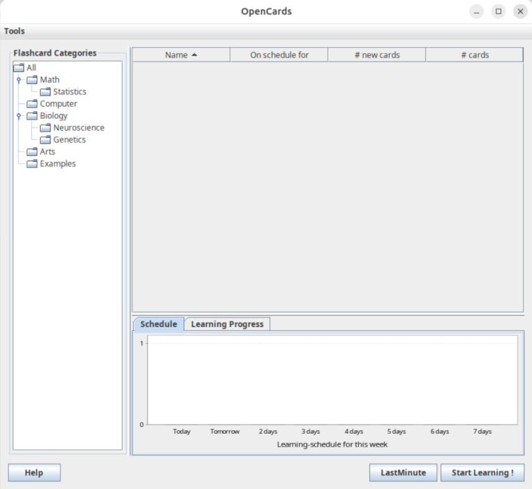 A screenshot showing the default window for OpenCards.