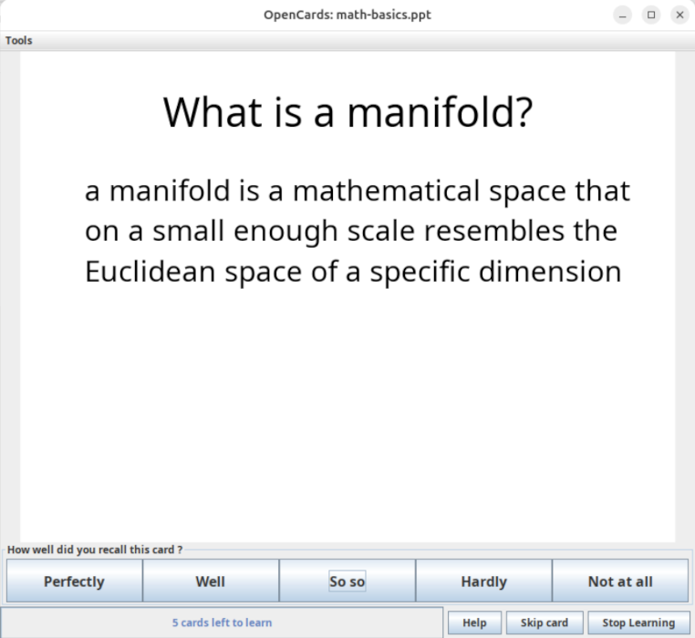 A screenshot showing an example flashcard in OpenCards.