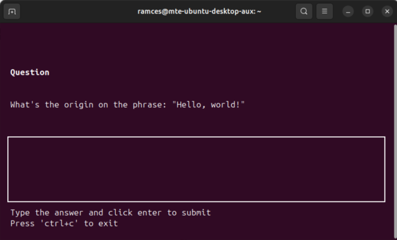 A terminal showing an example card running in studyFlash.