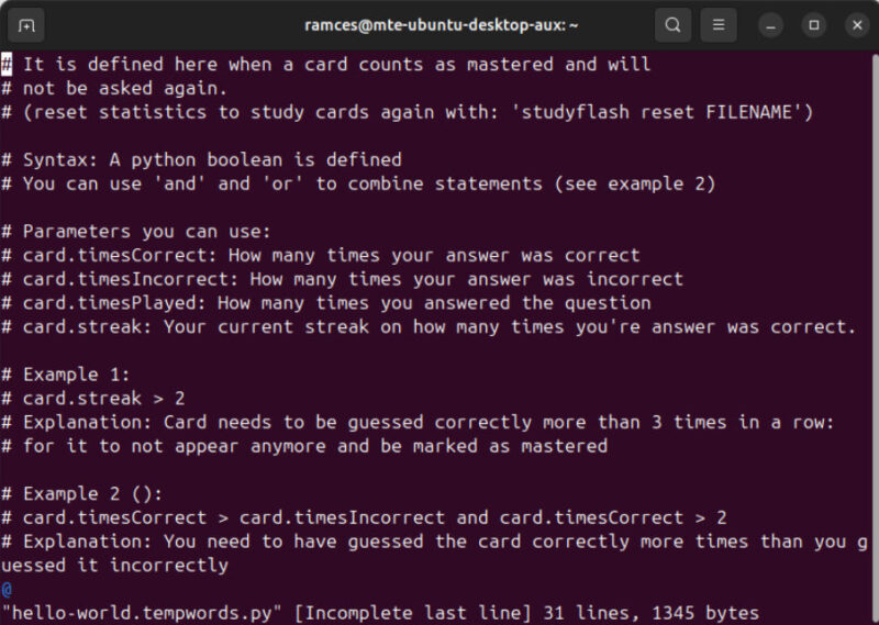A terminal showing the options for tweaking the recall algorithm for studyFlash.