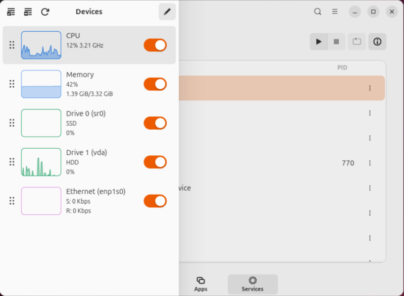 A screenshot showing the different aspects of the system that Mission Center keeps track of.