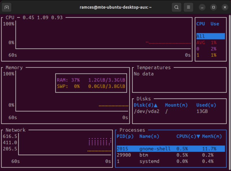 A terminal showing the default widget layout for Bottom.