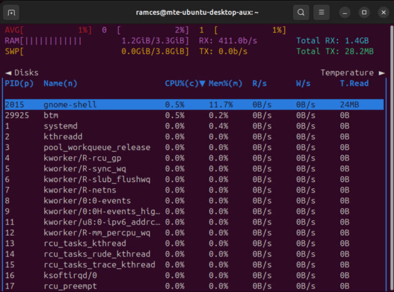 A terminal showing a simplified layout for Bottom.