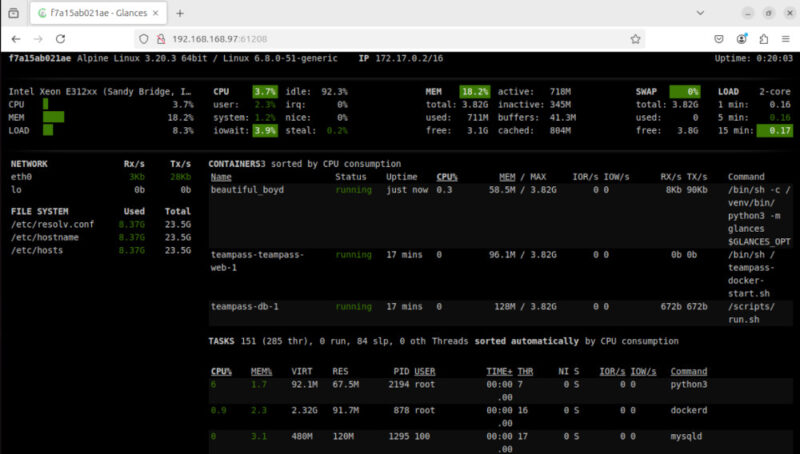 A screenshot showing the Web dashboard UI for Glances.