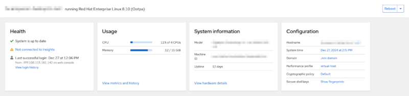 A screenshot showing the details of a RHEL system running Cockpit.