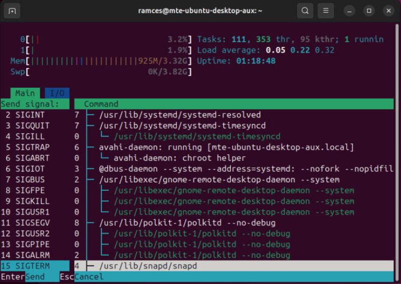 A terminal showing the different interrupt signals that you can use on a process in htop.
