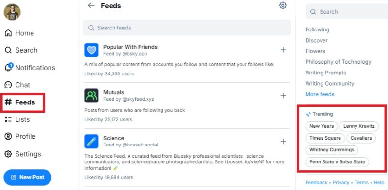 Feeds and trending topics on Bluesky.