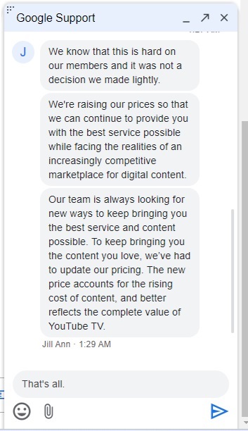 Details of chat with Google about YouTube TV price hike.