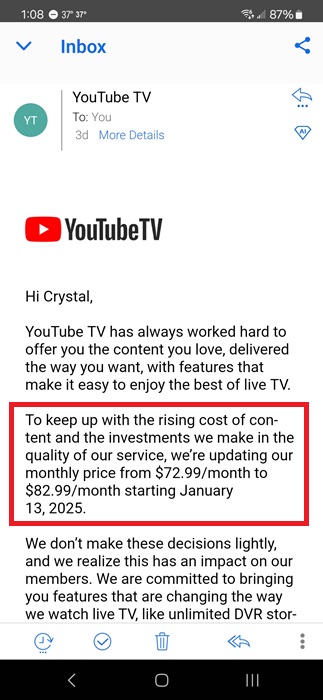 Email from YouTube TV.
