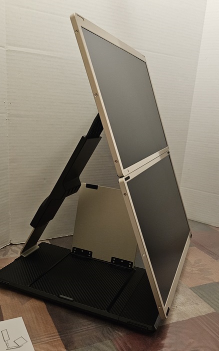 Two horizontal monitors stacked together.