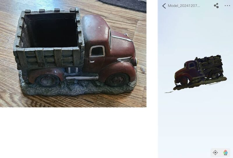 Original truck planter beside 3D model scanned.