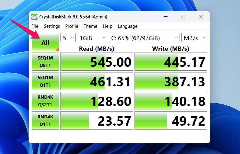 Crystaldiskmark showing results for different data sets