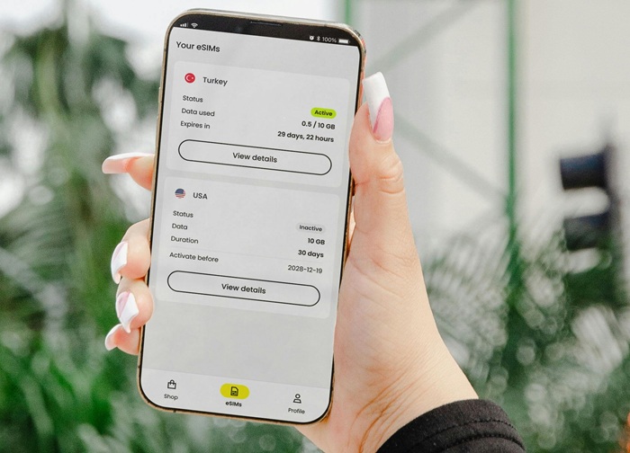Different eSIM profiles visible on a phone.
