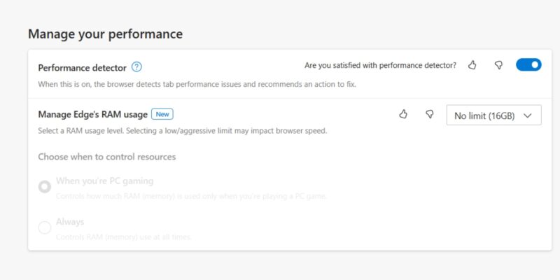 Edge Settings Ram Limit Usage
