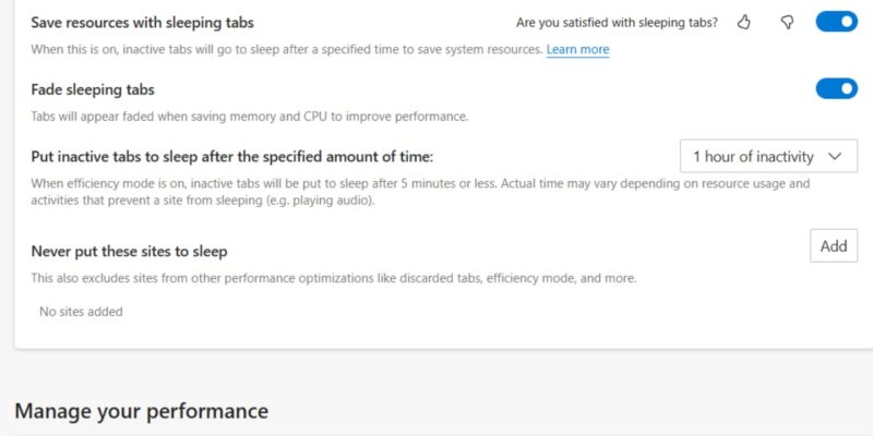 Edge Settings Sleeping Tabs