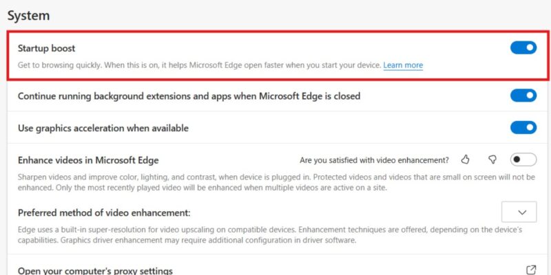 Edge Settings Startup Boost