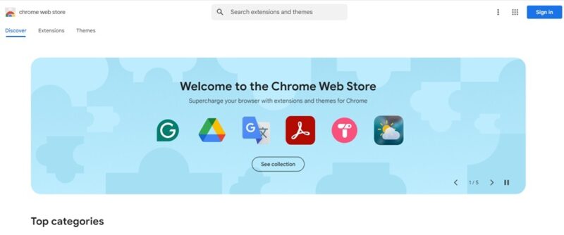 Chrome web store home page.