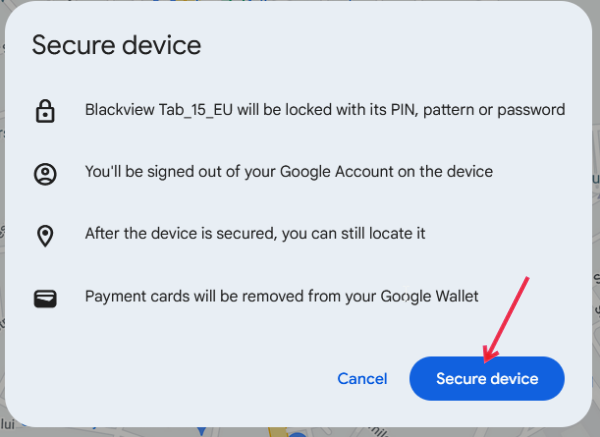 Confirming that you want to secure your device in Google Find My Device.