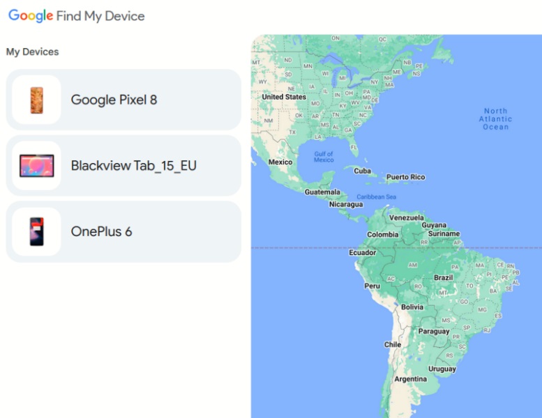 Android devices connected to Google account showing in Google Find My Device.