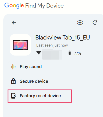 Clicking on "Factory reset device" option in Google Find My Device on the web.