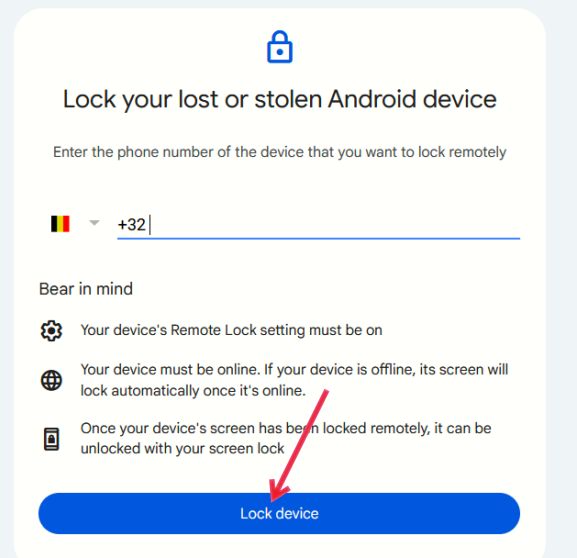 Locking lost Android device from Google Find My Device on web.