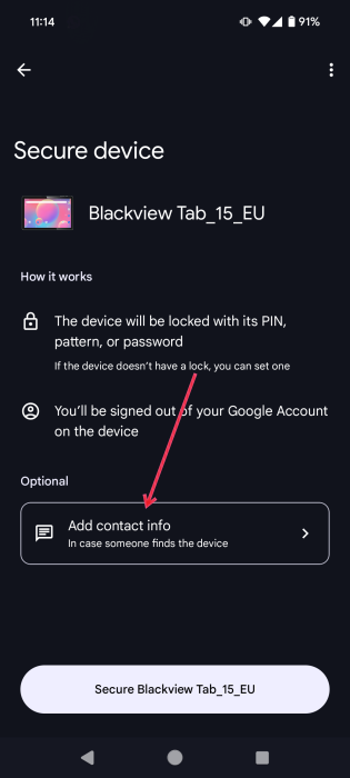 Pressing on "Add contact info" in Find My Device app on Android phone.