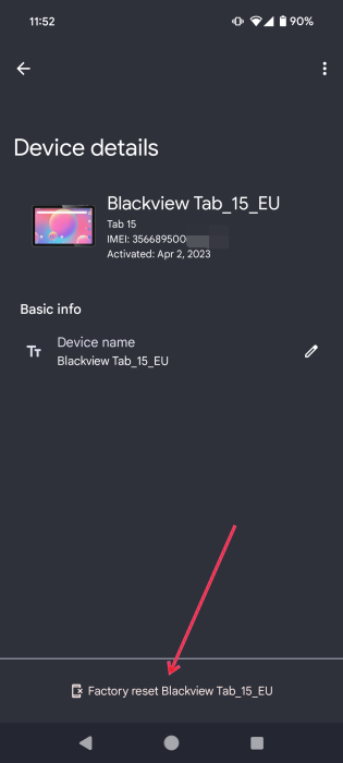 Tapping "Factory reset" option in Google Find My Device app.