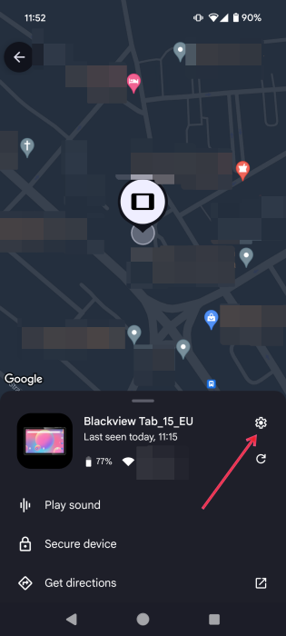 Pressing the gear icon for remote device in Google Find My Device app.