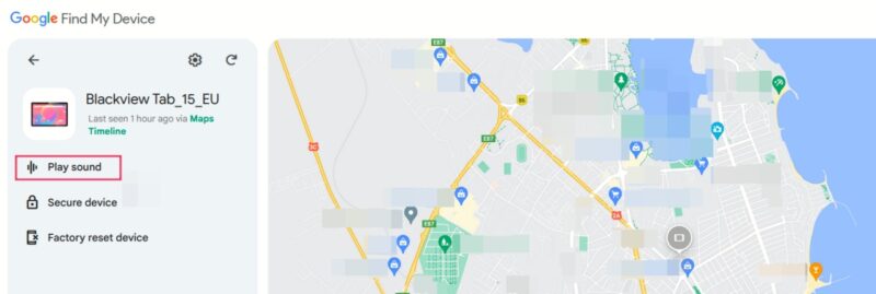 Tapping "Play Sound" option in Google Find My Device.