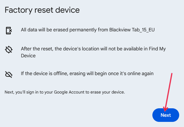 Pressing the Next button to continue the process of factory resetting device using Google Find My Device on the web.