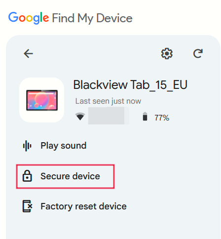 Tapping on "Secure device" option in Google Find My Device on PC.
