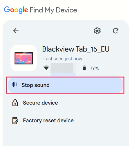 Clicking on "Stop sound" option in Google Find My Device.