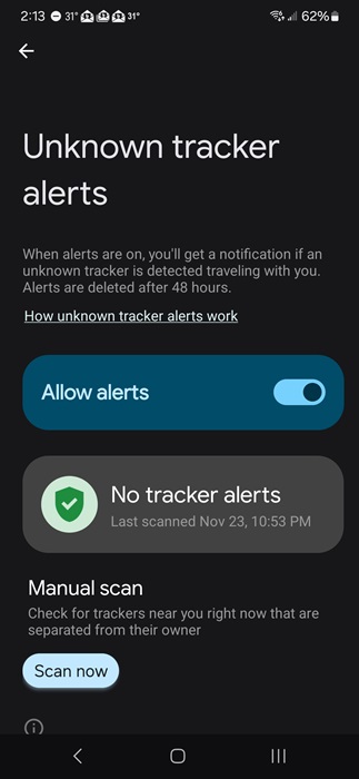 Allowing alerts for Find My Device.