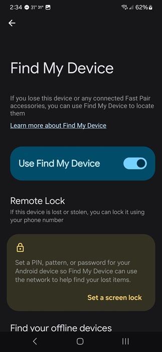 Setting up Find My Device network.