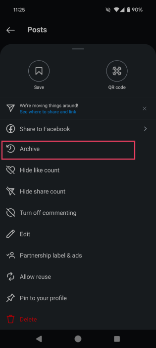 Tapping on "Archive" option for Instagram post. 