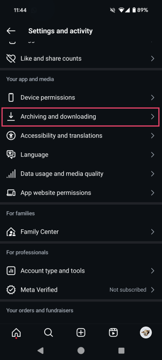 Select "Archiving and downloading" in Instagram Settings. 