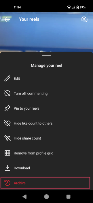 Opting for Archive option in Reel menu on Instagram. 