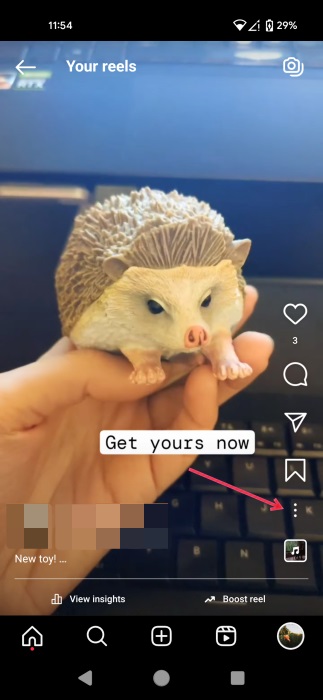 Tapping three dots while watching Reel on Instagram.