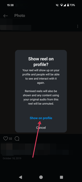 Taping "Show on profile" in Instagram pop-up on mobile.