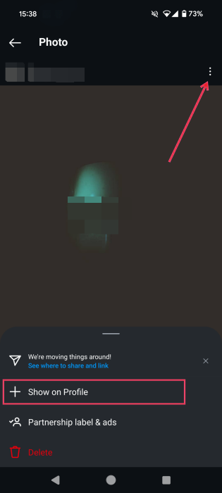 Restoring post to Instagram profile in mobile app.