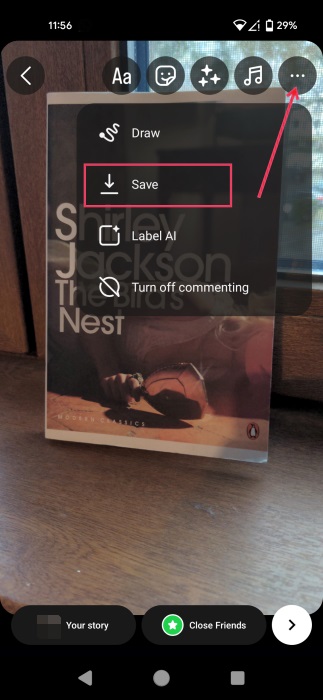 Saving Instagram story on local device before posting.