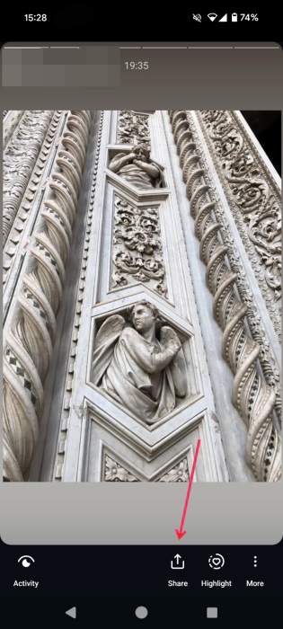 Pressing Share button to reshare old Story on Instagram. 