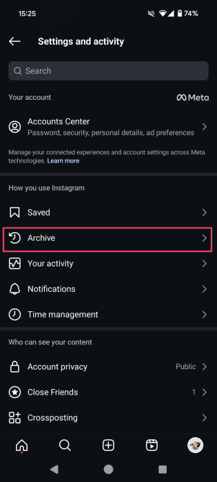 Tapping on Archive option in Instagram Settings on mobile. 